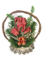 Smútočná kytica z umelých kvetov šiškový košík  - červené