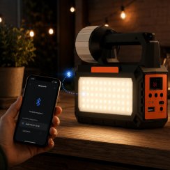 Solární turistická led svítilna pro kempování s panelem, rádiem a žárovkami blt