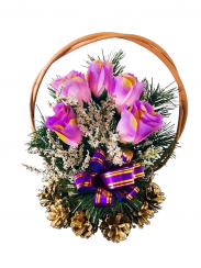 Smútočná kytica z umelých kvetov šiškový košík - fialové