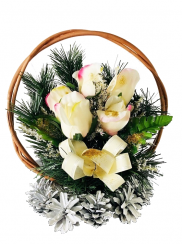 Smuteční kytice z umělých květin šiškový košík - vanilkové