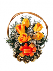 Smuteční kytice z umělých květin šiškový košík - oranžové